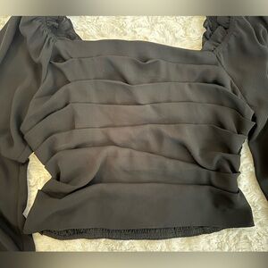 Black Mesh-Sleeve Smocked Waist Blouse